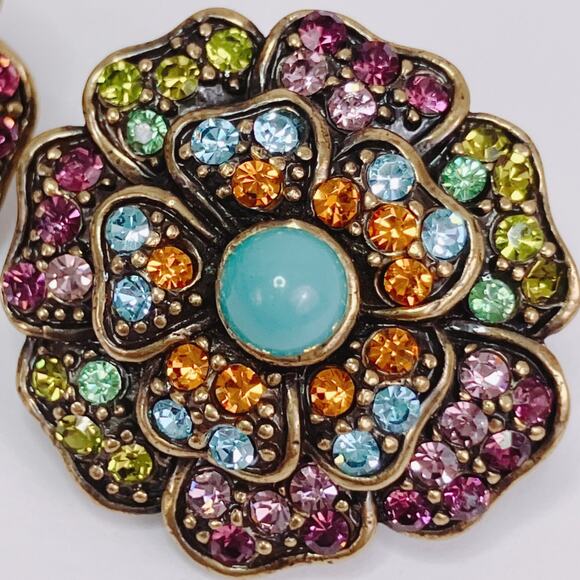 VTG Signed Heidi Daus Gold Tone Floral Clip On Earrings Glass Rhinestone Vibrant - Picture 3 of 9